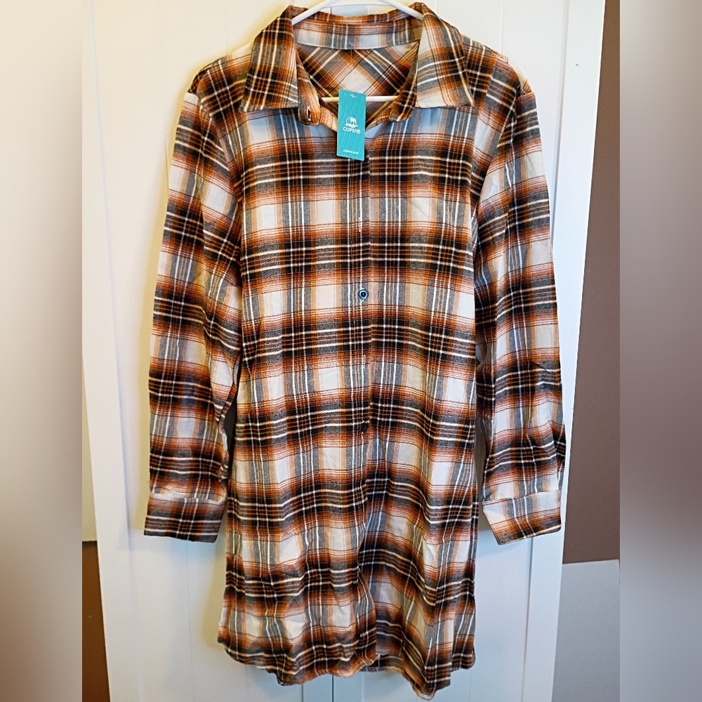 Cupshe Orange, Black & Cream Plaid Shirt Dress